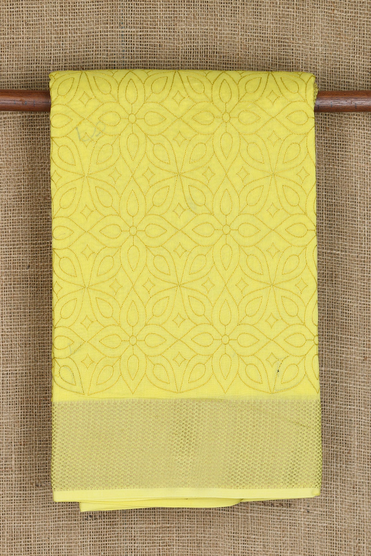 Embroidered Self Rangoli Design Yellow Chanderi Silk Cotton Saree