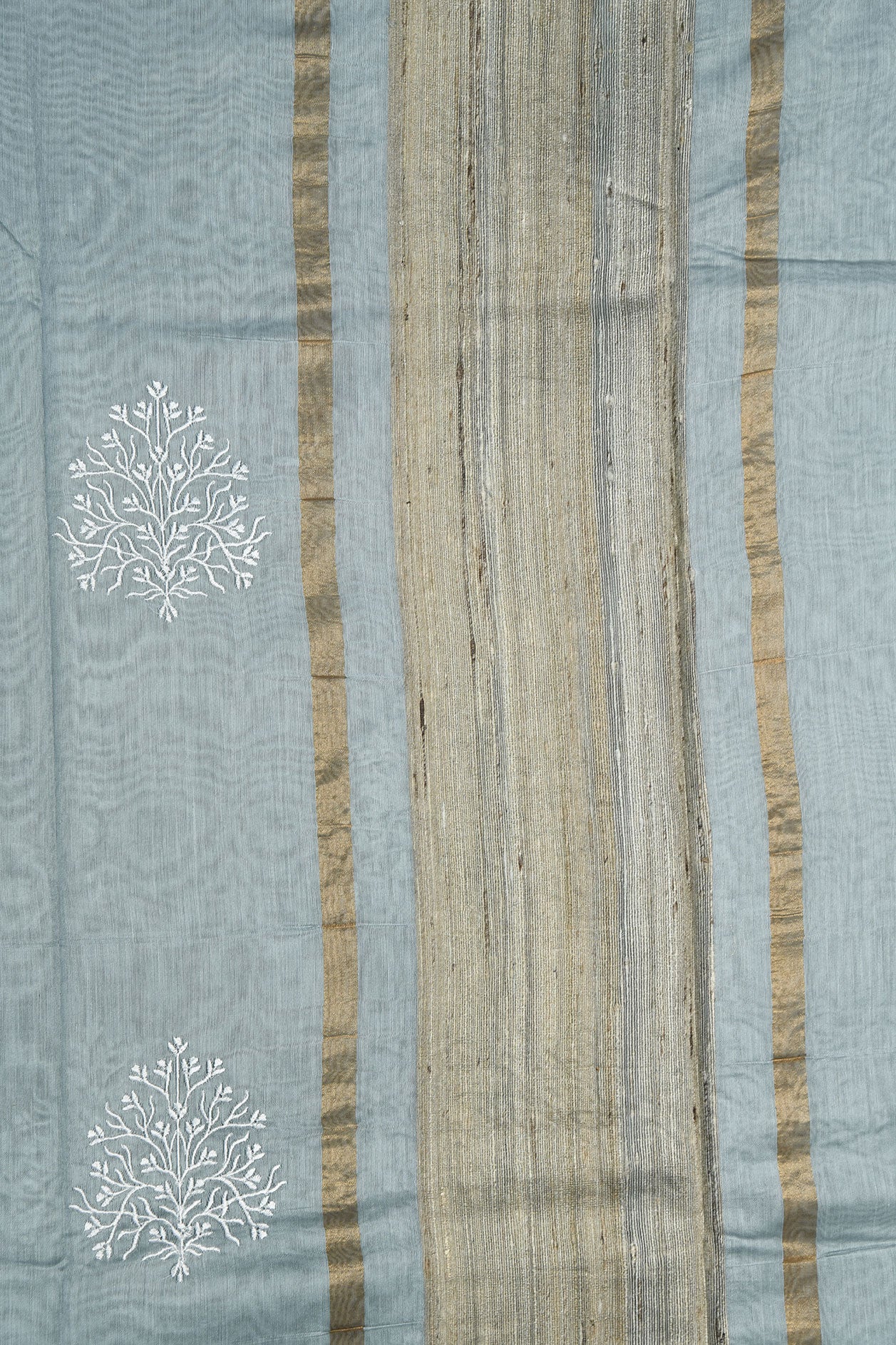 Embroidered Tree Motif Grey Chanderi Silk Cotton Saree