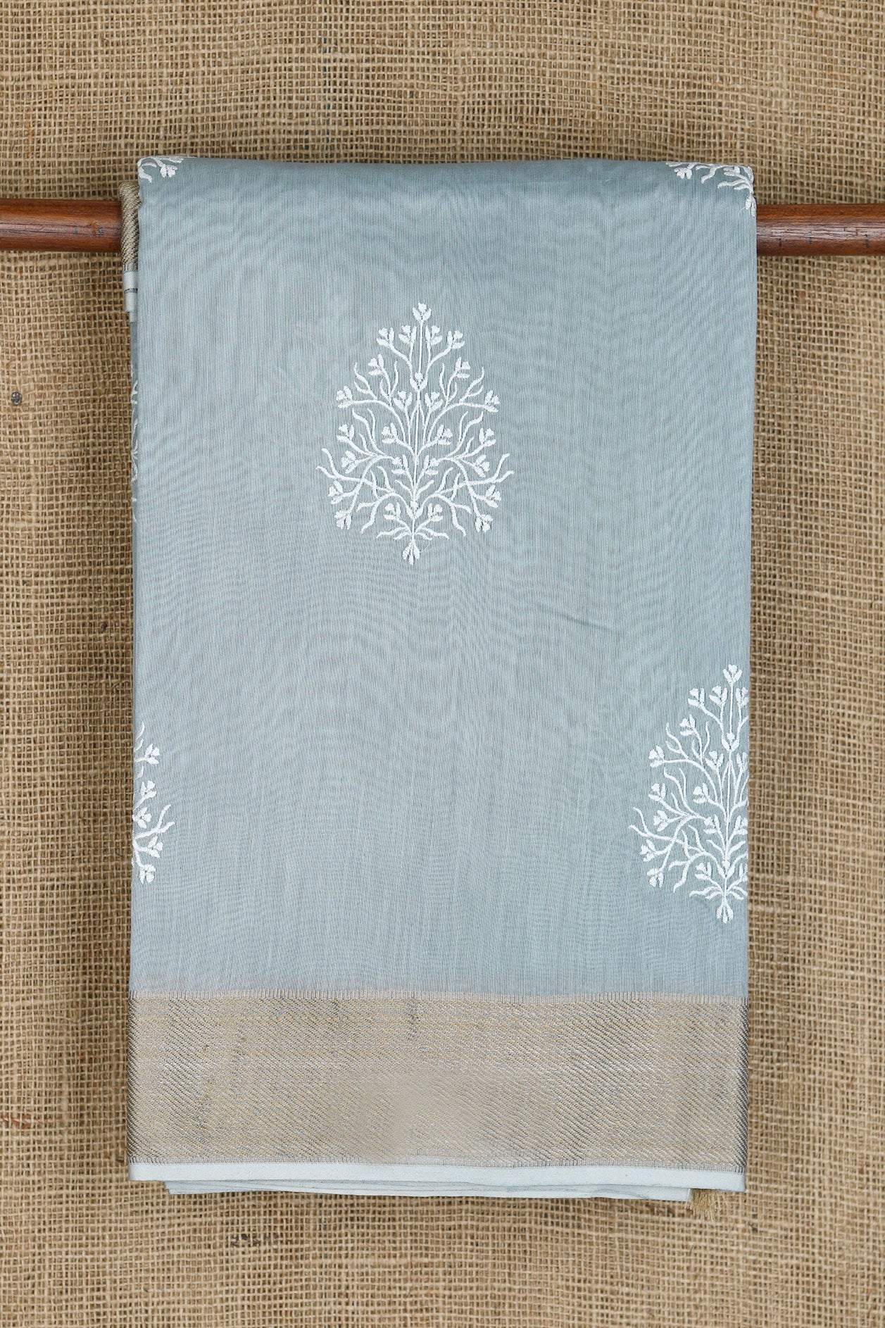 Embroidered Tree Motif Grey Chanderi Silk Cotton Saree