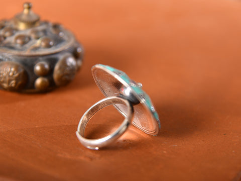 Turquoise Enamel Oxidised Pure Silver Adjustable Ring