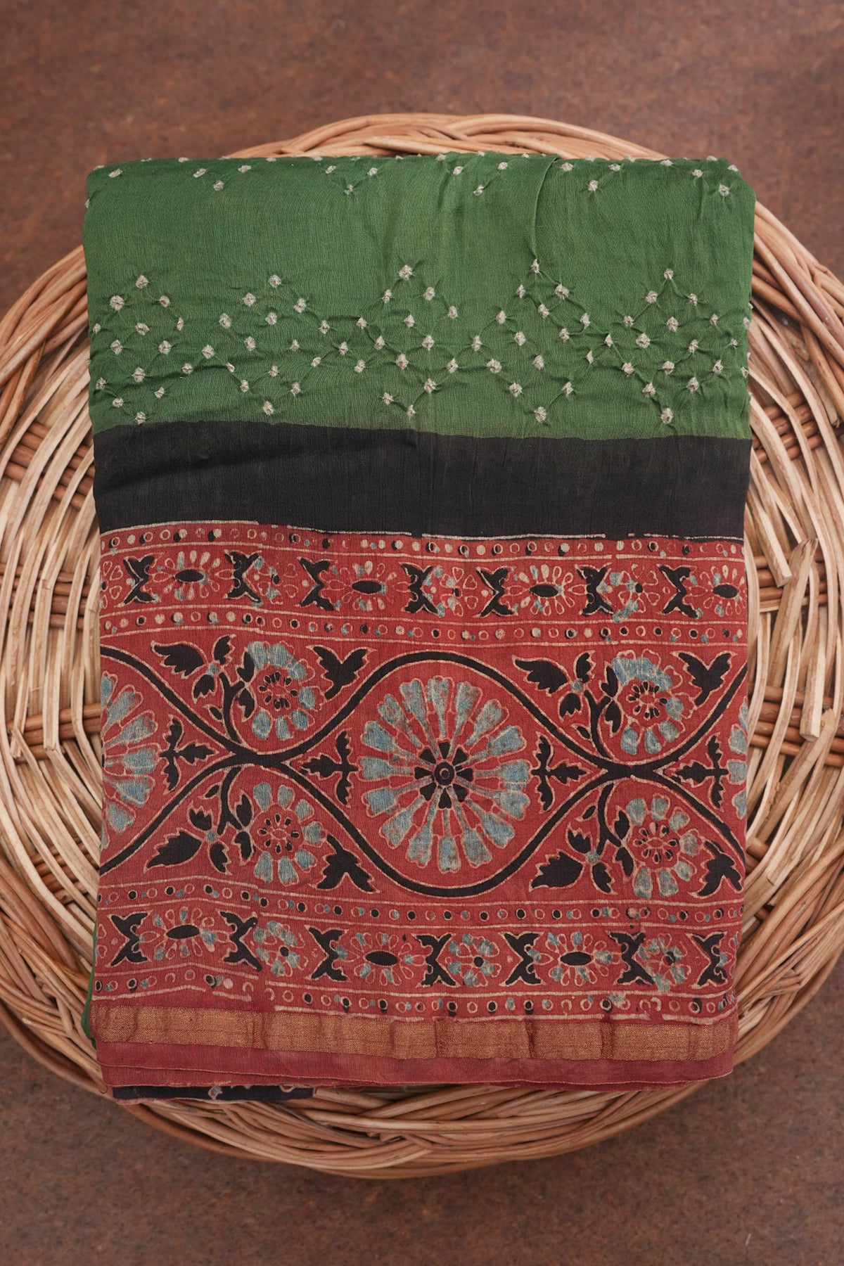 Fern Green Ajrakh Printed Bandhani Cotton Saree