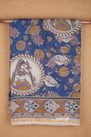 Women Figure And Floral Design Berry Blue Kalamkari Chanderi Cotton Saree