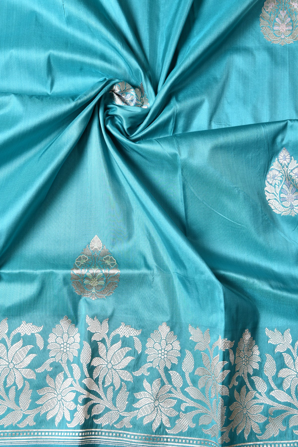 Floral Design Border Turquoise Blue Banaras Silk Saree