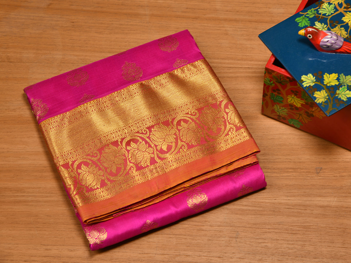 Floral Design Contrast Border Pink Kanchipuram Silk Pavadai Sattai Material