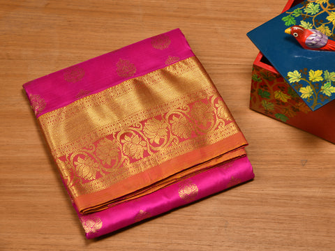 Floral Design Contrast Border Pink Kanchipuram Silk Pavadai Sattai Material