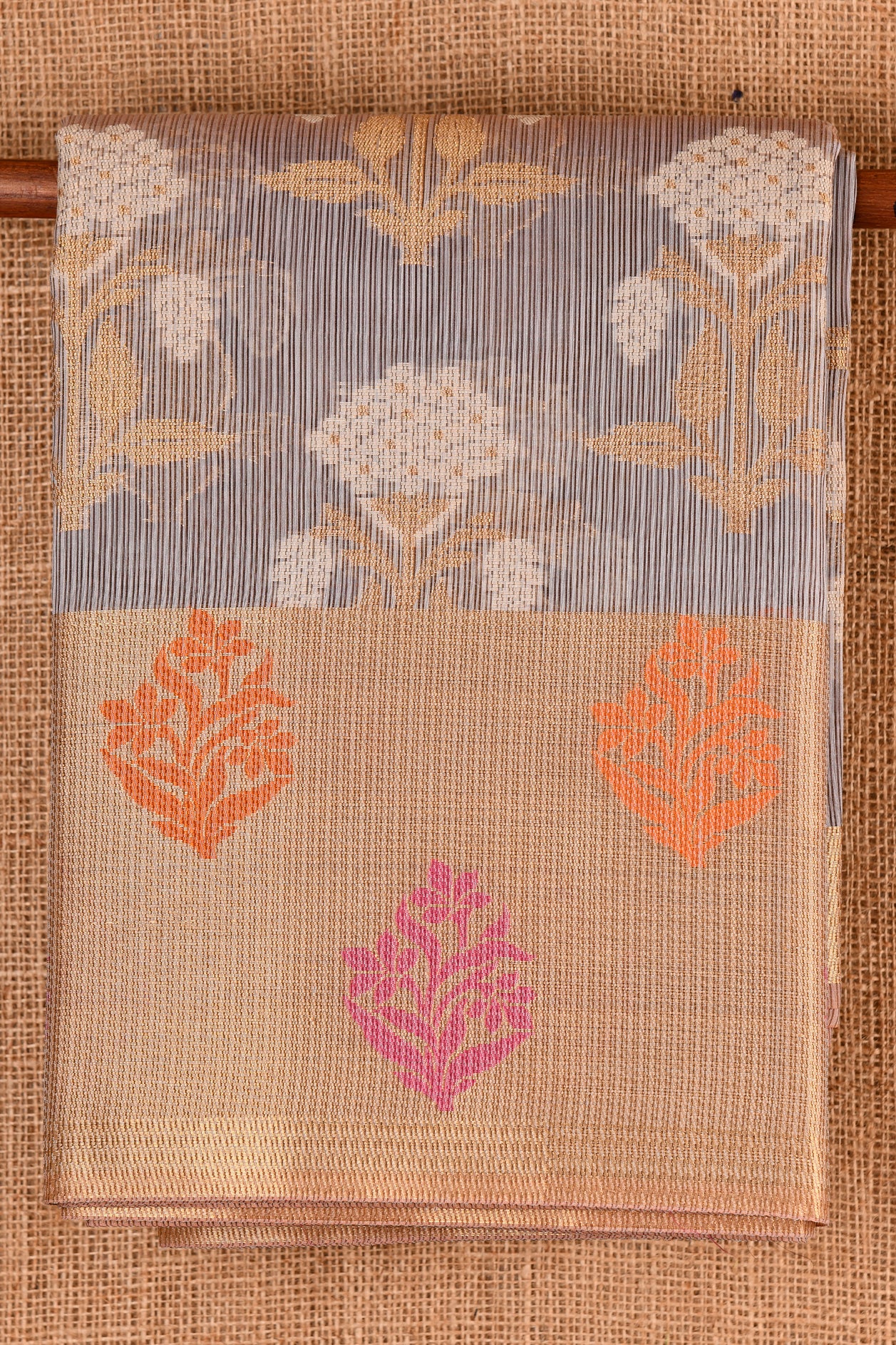 Floral Design Grey Semi Banaras Saree