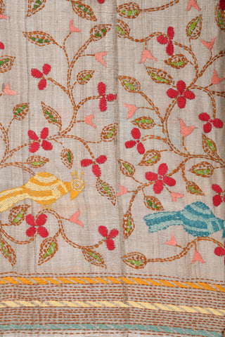 Floral Design Kantha Embroidered Work Light Beige Tussar Saree