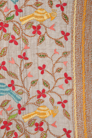 Floral Design Kantha Embroidered Work Light Beige Tussar Saree
