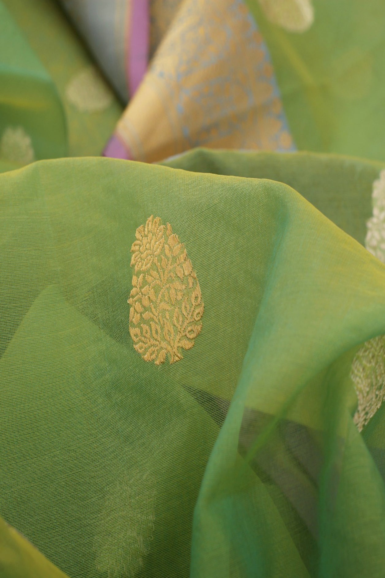 Floral Design Green Banaras Kora Silk Saree