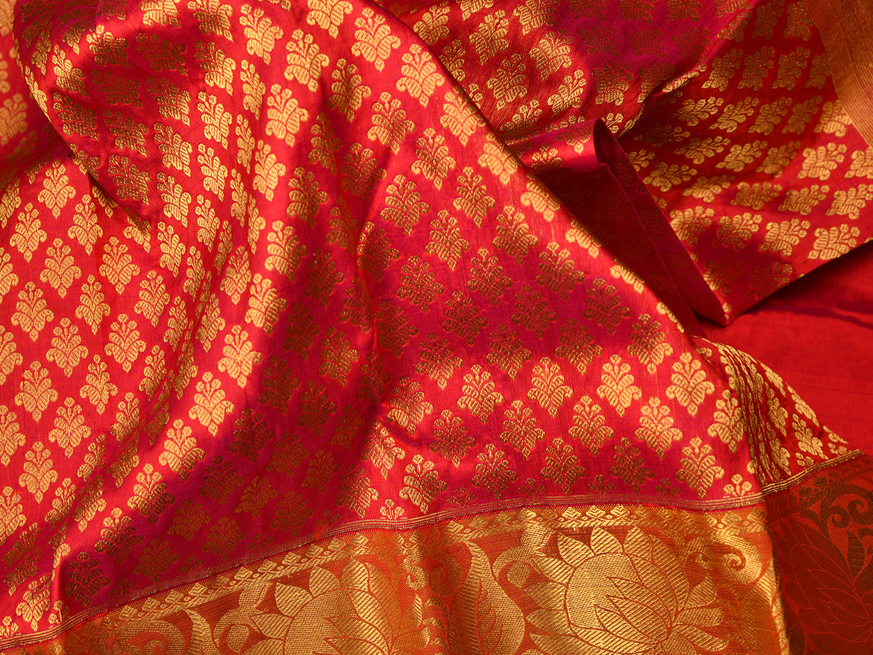 Floral Motif With Dark Maroon Kanchipuram Silk Pavada Sattai Material