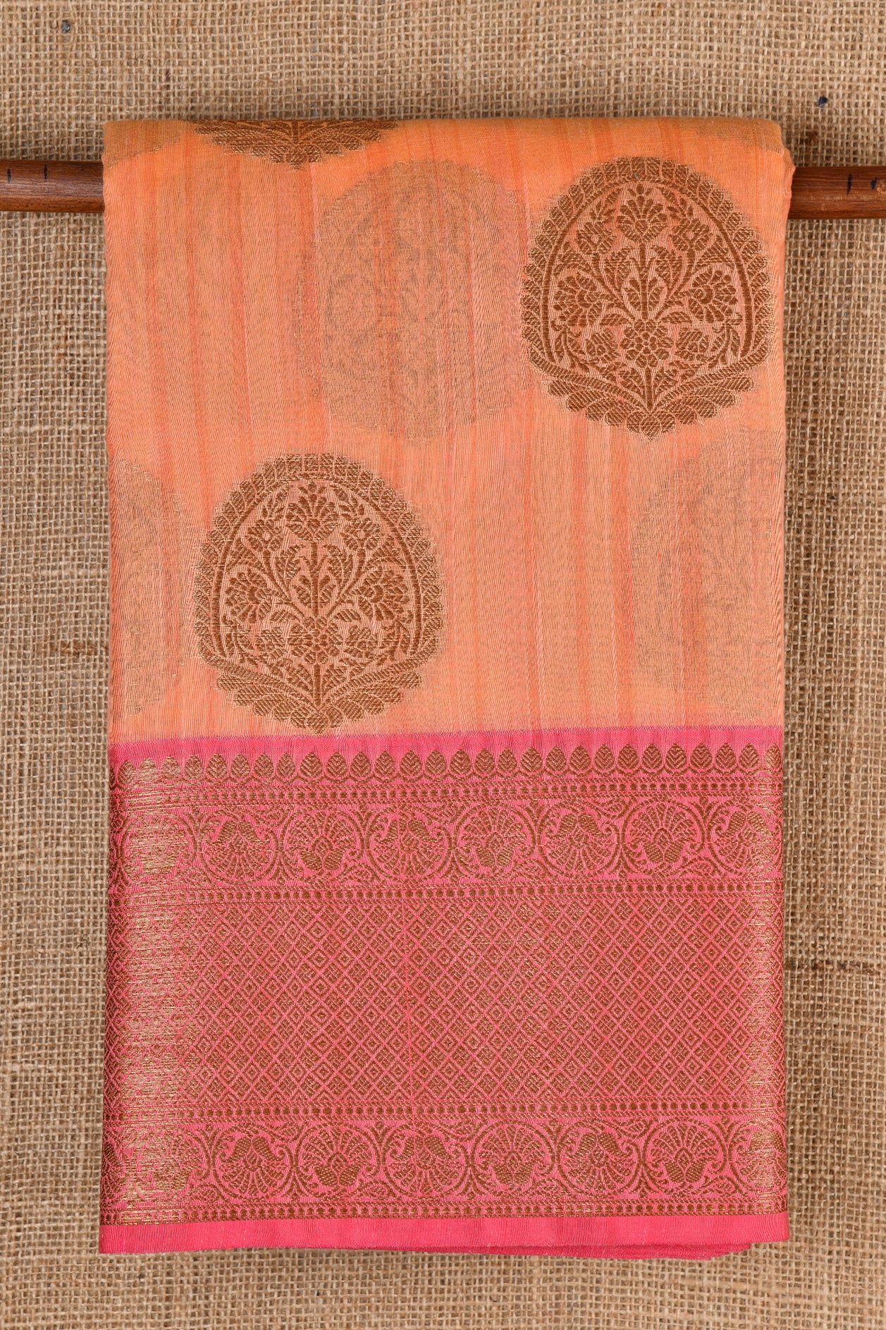 Floral Motif With Dark Peach Pink Semi Banaras Saree