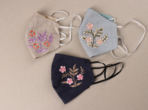 Floral Placement Embroidered Cotton Non Surgical Masks Set Of 3