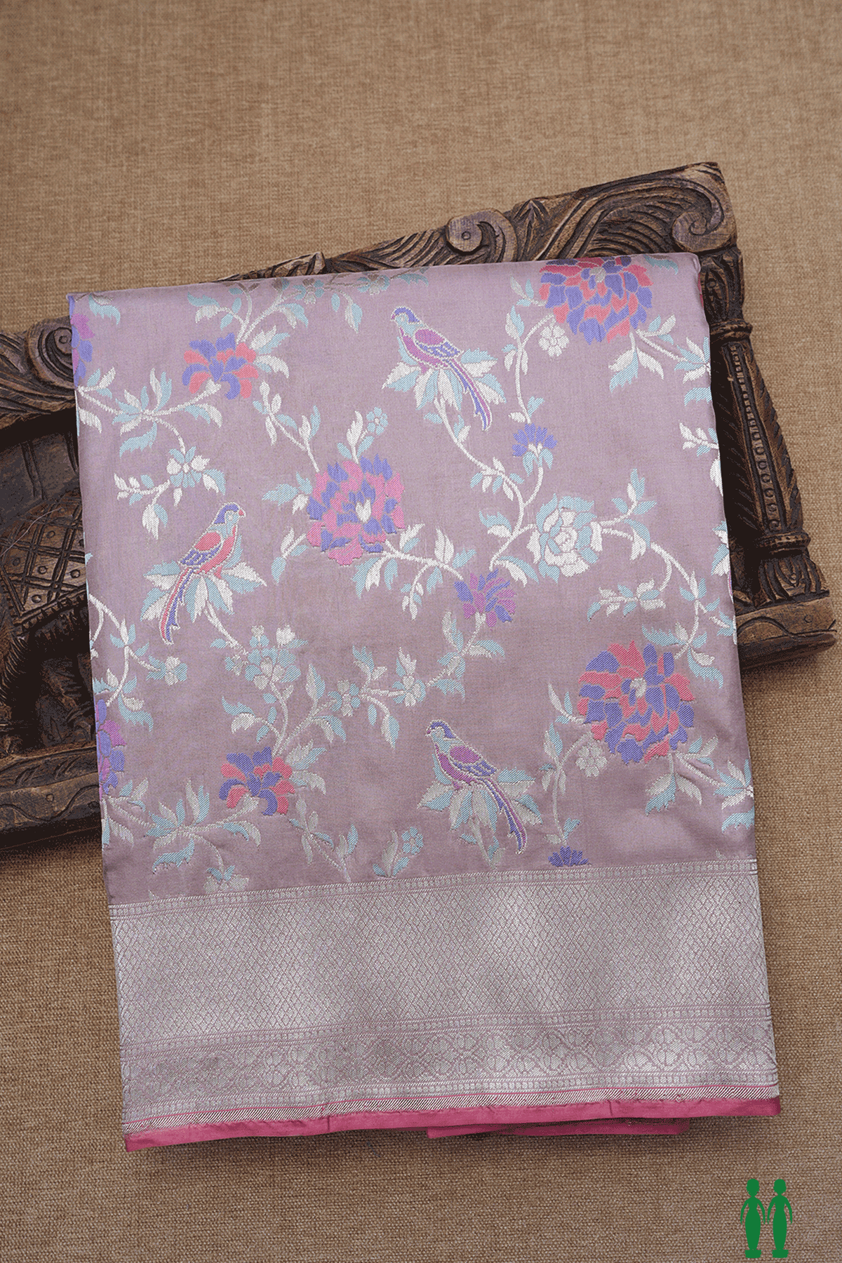 Floral And Birds Design Dusty Purple Banarasi Silk Saree