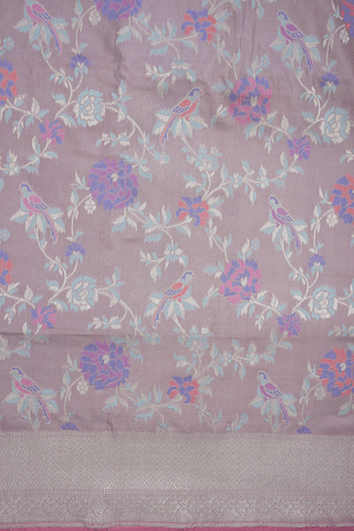 Floral And Birds Design Dusty Purple Banarasi Silk Saree