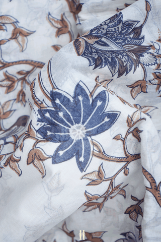 Floral And Birds Design Egg White Printed Cotton Saree