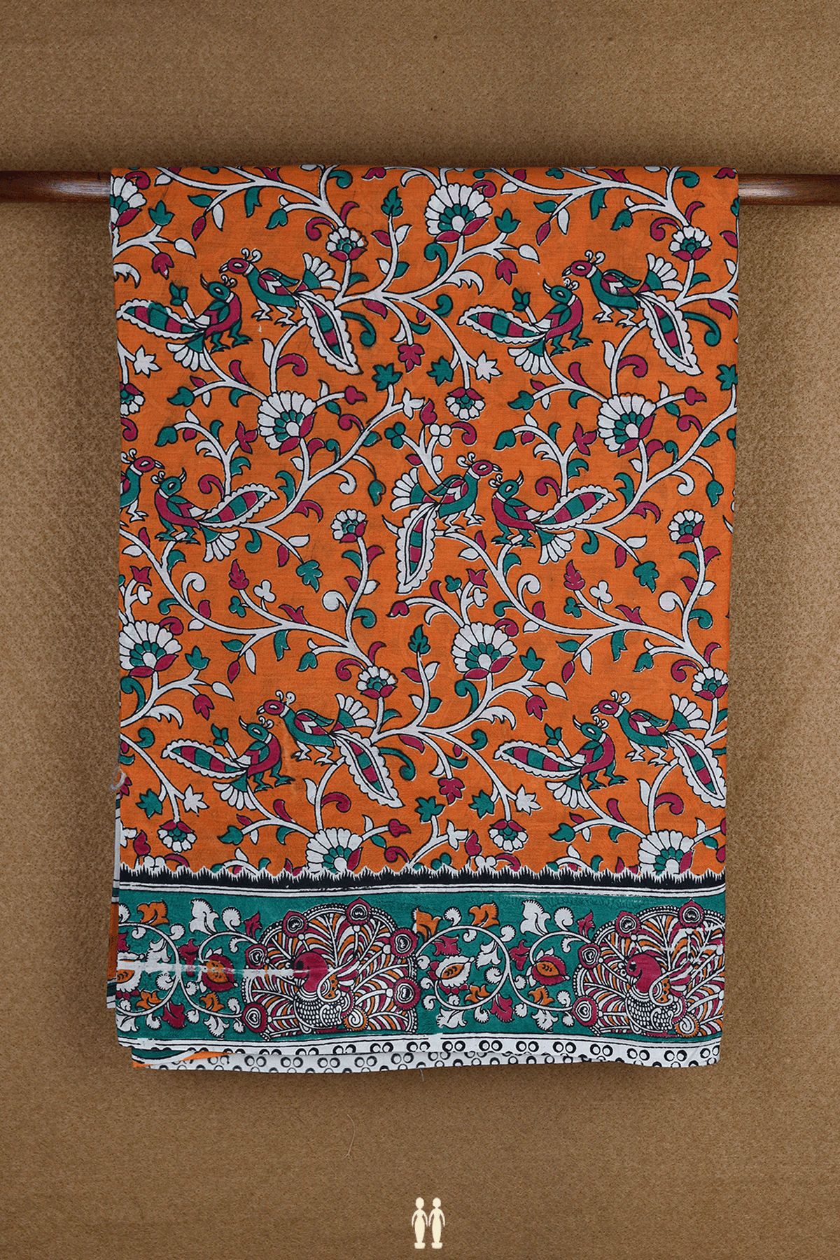 Floral And Birds Design Orange Kalamkari Cotton Saree