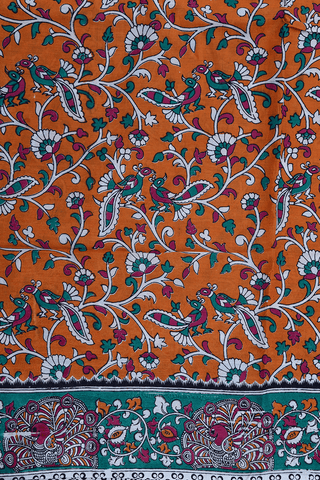 Floral And Birds Design Orange Kalamkari Cotton Saree
