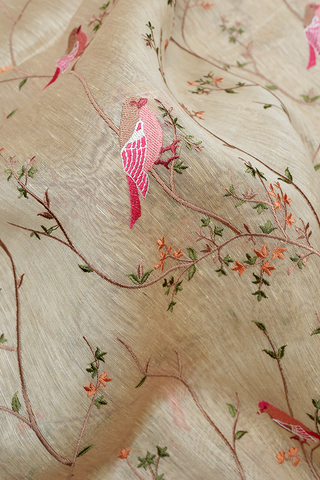 Floral And Birds Embroidered Design Beige Linen Saree