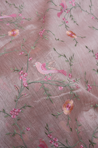Floral And Birds Embroidered Design Rose Beige Linen Saree