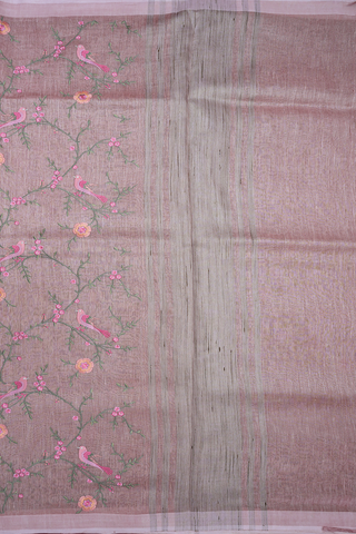 Floral And Birds Embroidered Design Rose Beige Linen Saree