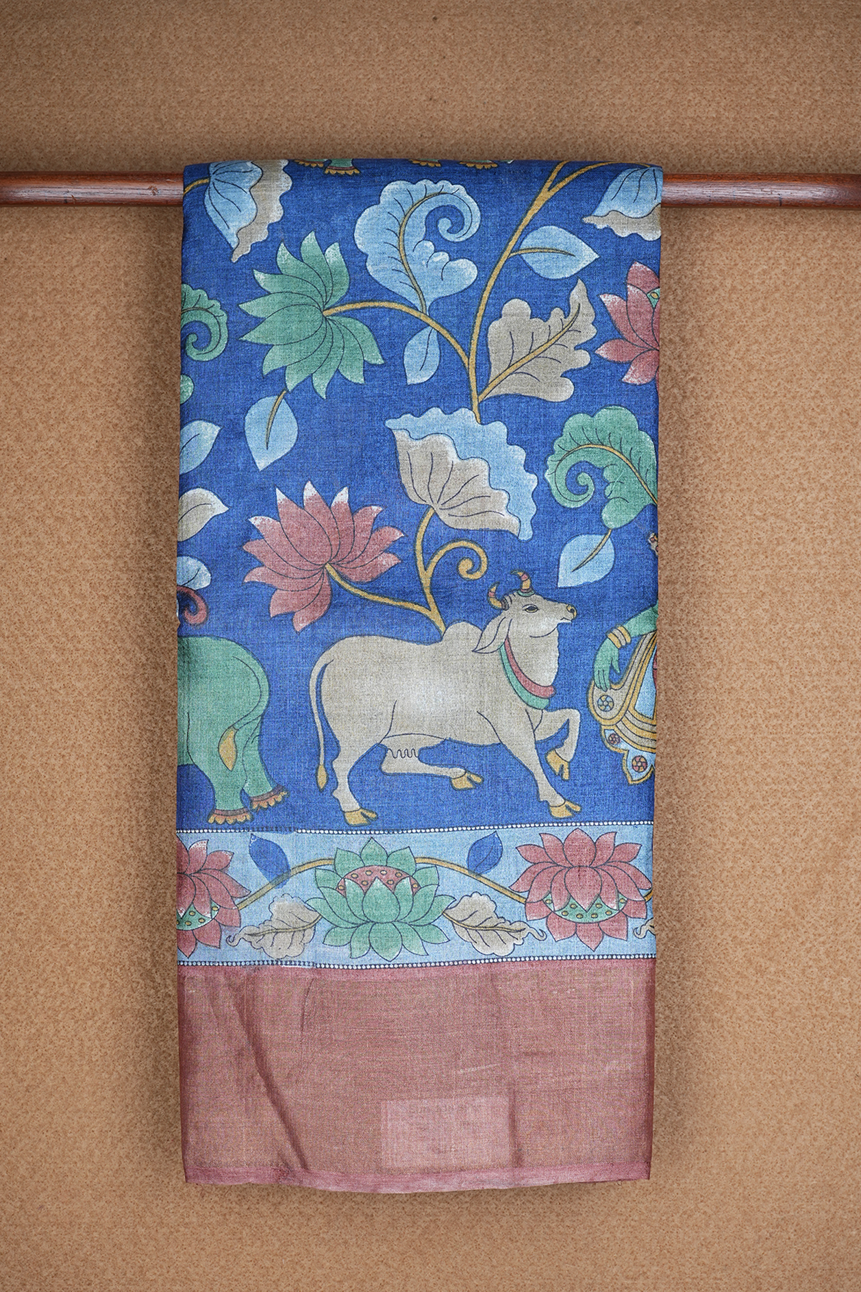 Allover Floral And Cow Design Berry Blue Tussar Silk Saree