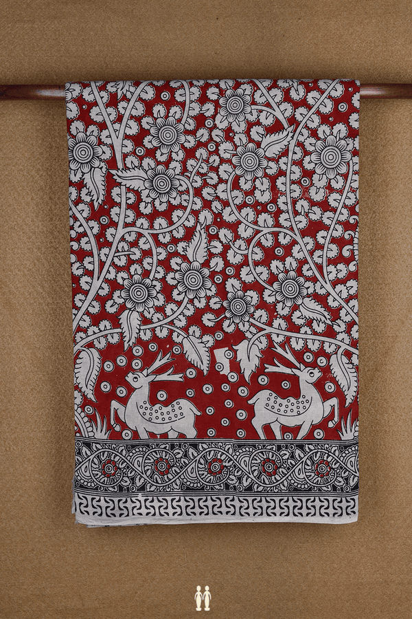 Floral And Deer Design Crimson Red Kalamkari Cotton Saree