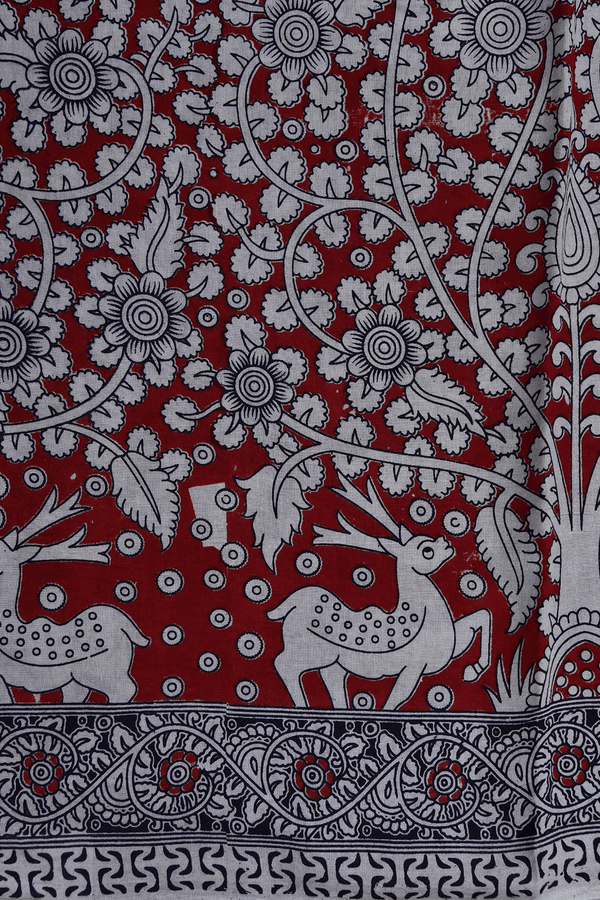 Floral And Deer Design Crimson Red Kalamkari Cotton Saree