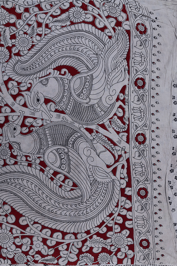 Floral And Deer Design Crimson Red Kalamkari Cotton Saree