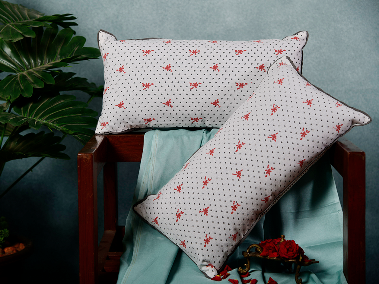 Set Of 2 Floral And Dots Printed Rectangle Shape Cushions