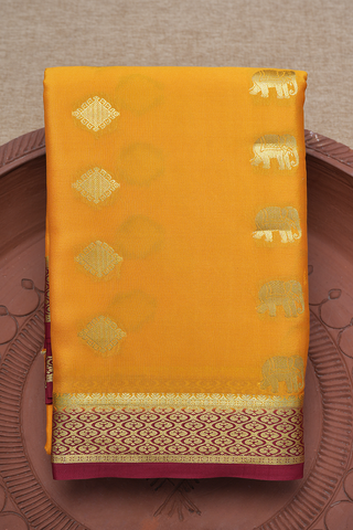 Diamond And Elephant Motif Marigold Yellow Mysore Silk Saree