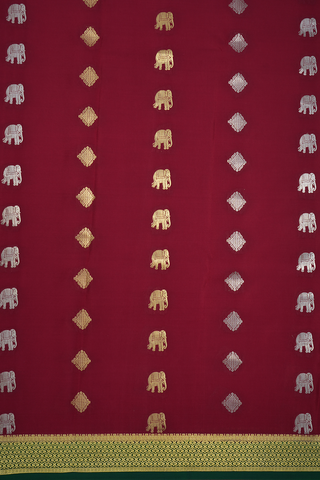 Diamond And Elephant Motifs Rust Red Mysore Silk Saree