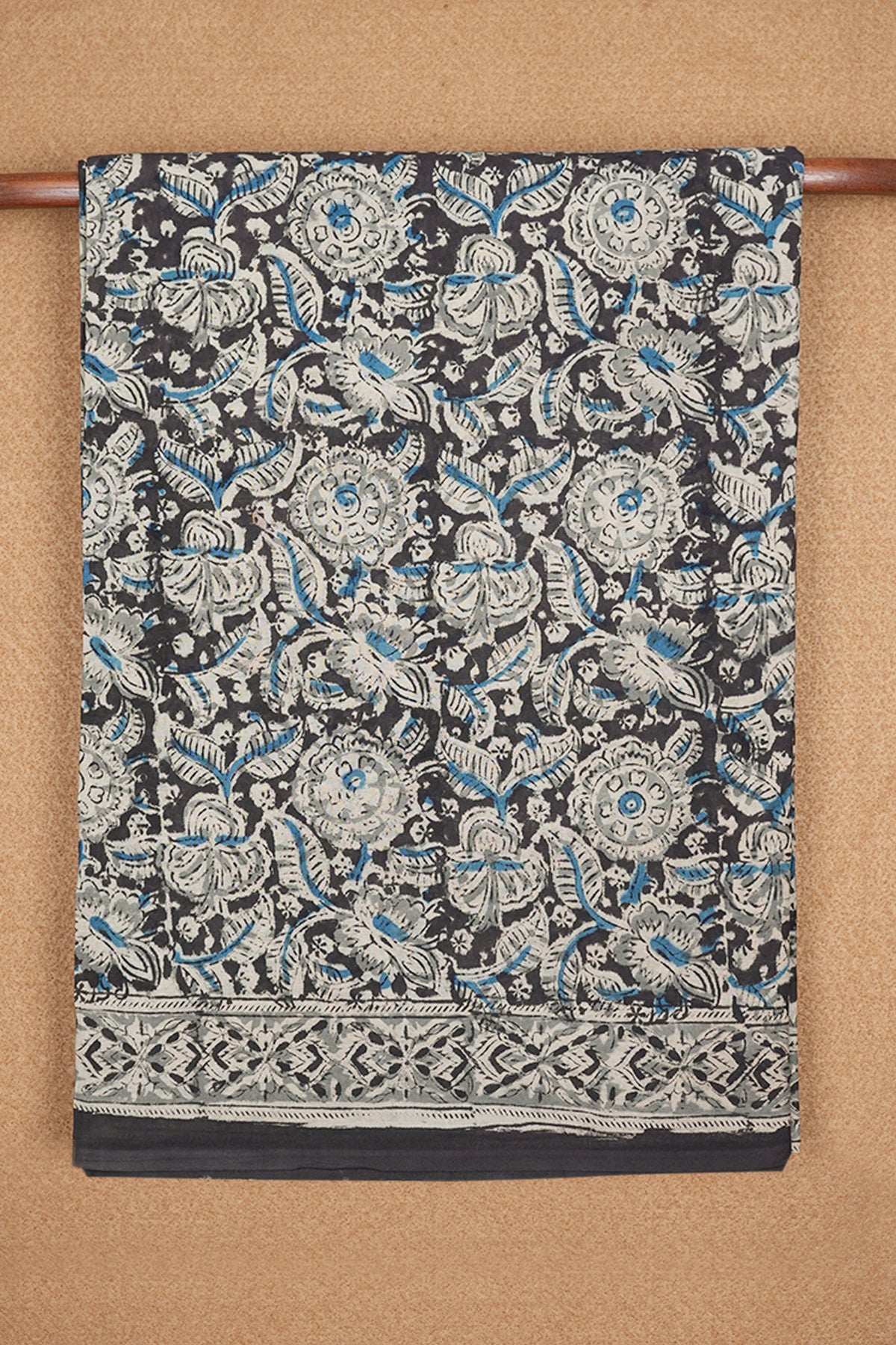 Floral And Leaf Design Black Printed Kalamkari Cotton Saree