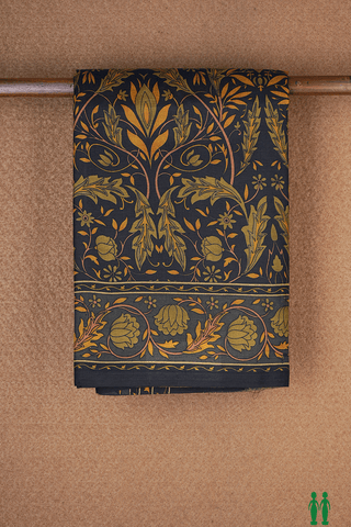Floral And Leaf Design Black Printed Silk Saree