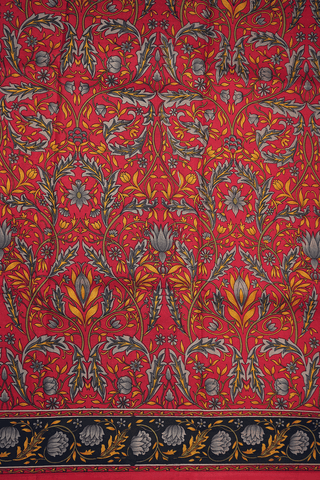 Floral And Leaf Design Scarlet Red Printed Silk Saree