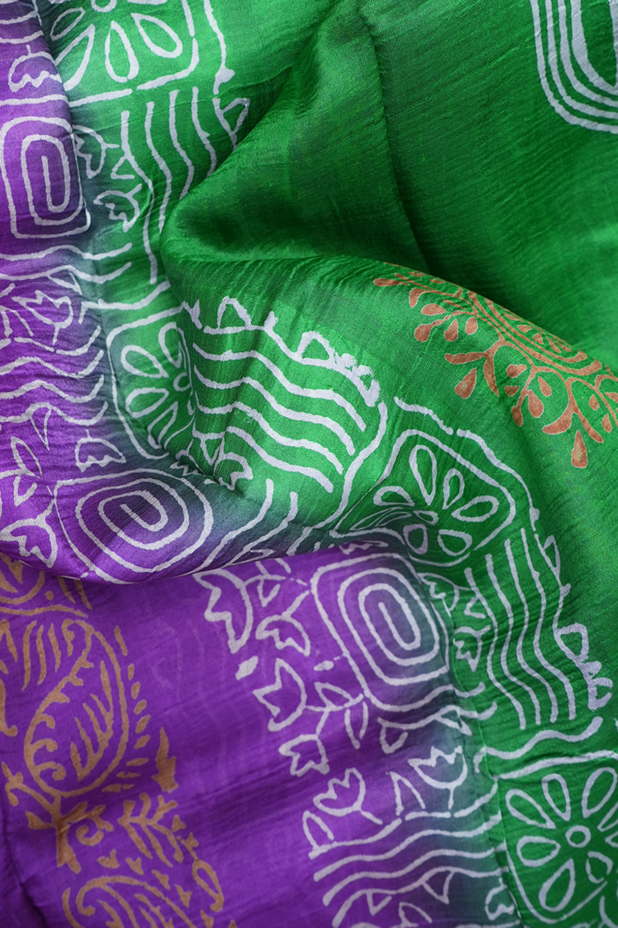 Half And Half Color Green And Purple Printed Silk Saree