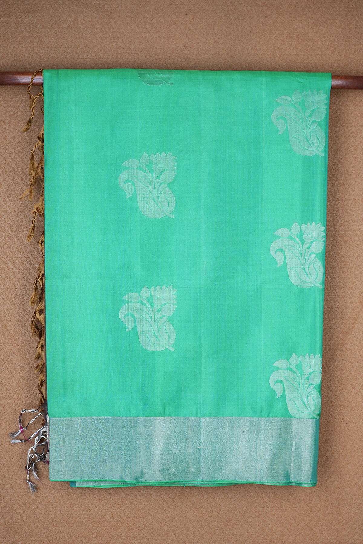 Floral And Leaf Zari Motifs Seafoam Green Soft Silk Saree