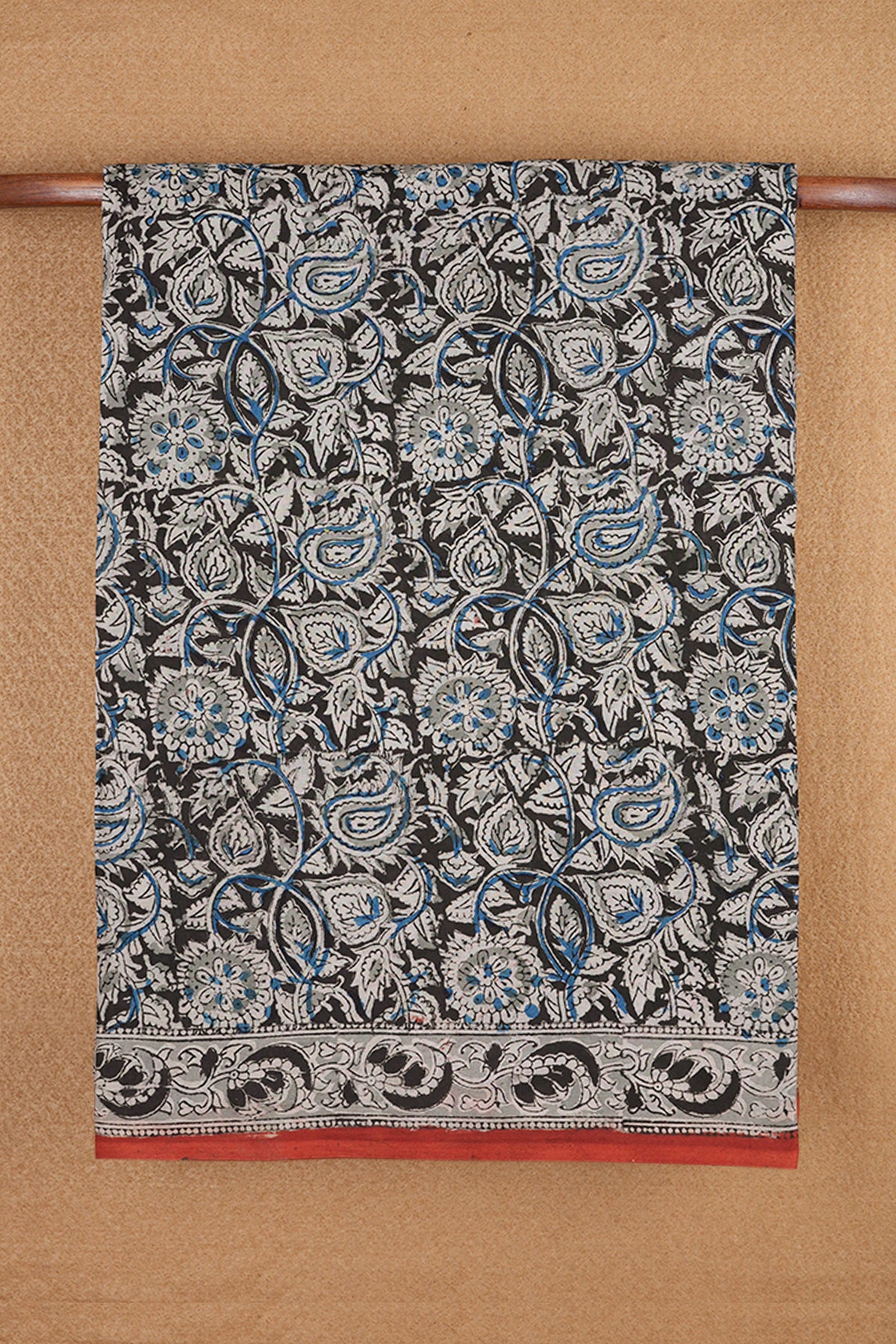 Floral And Paisley Printed Black Kalamkari Cotton Saree