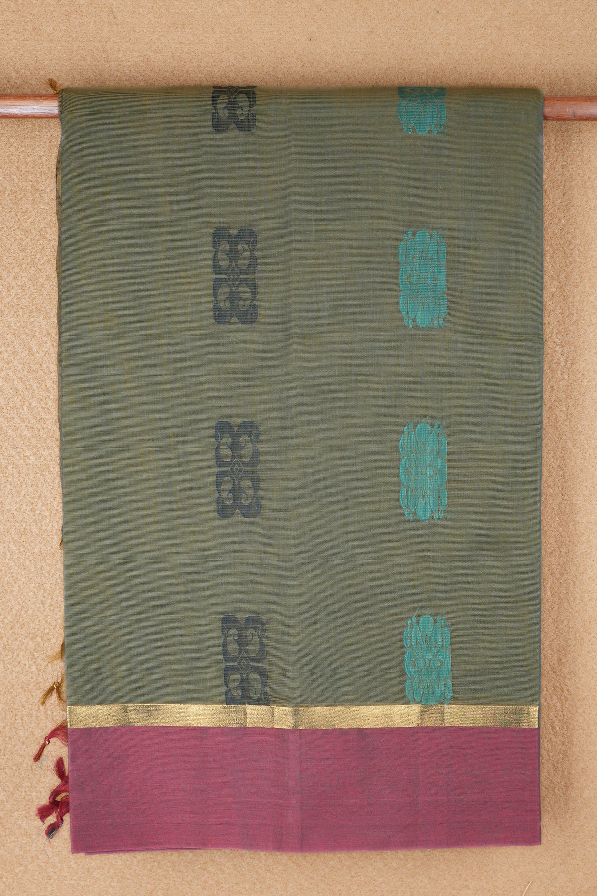 Floral And Paisley Threadwork Motifs Chalet Green Kanchi Cotton Saree