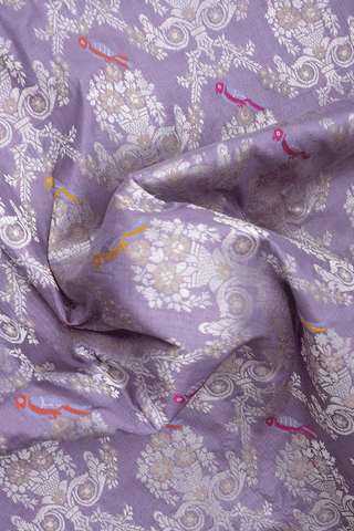 Floral And Parrot Design Pastel Purple Banarasi Silk Saree