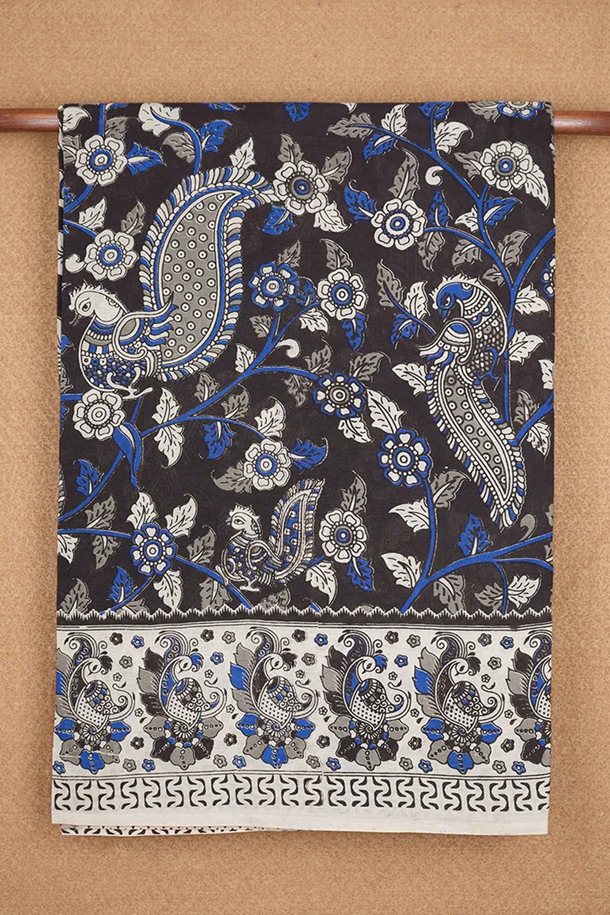 Peacock Design Black Printed Kalamkari Cotton Saree