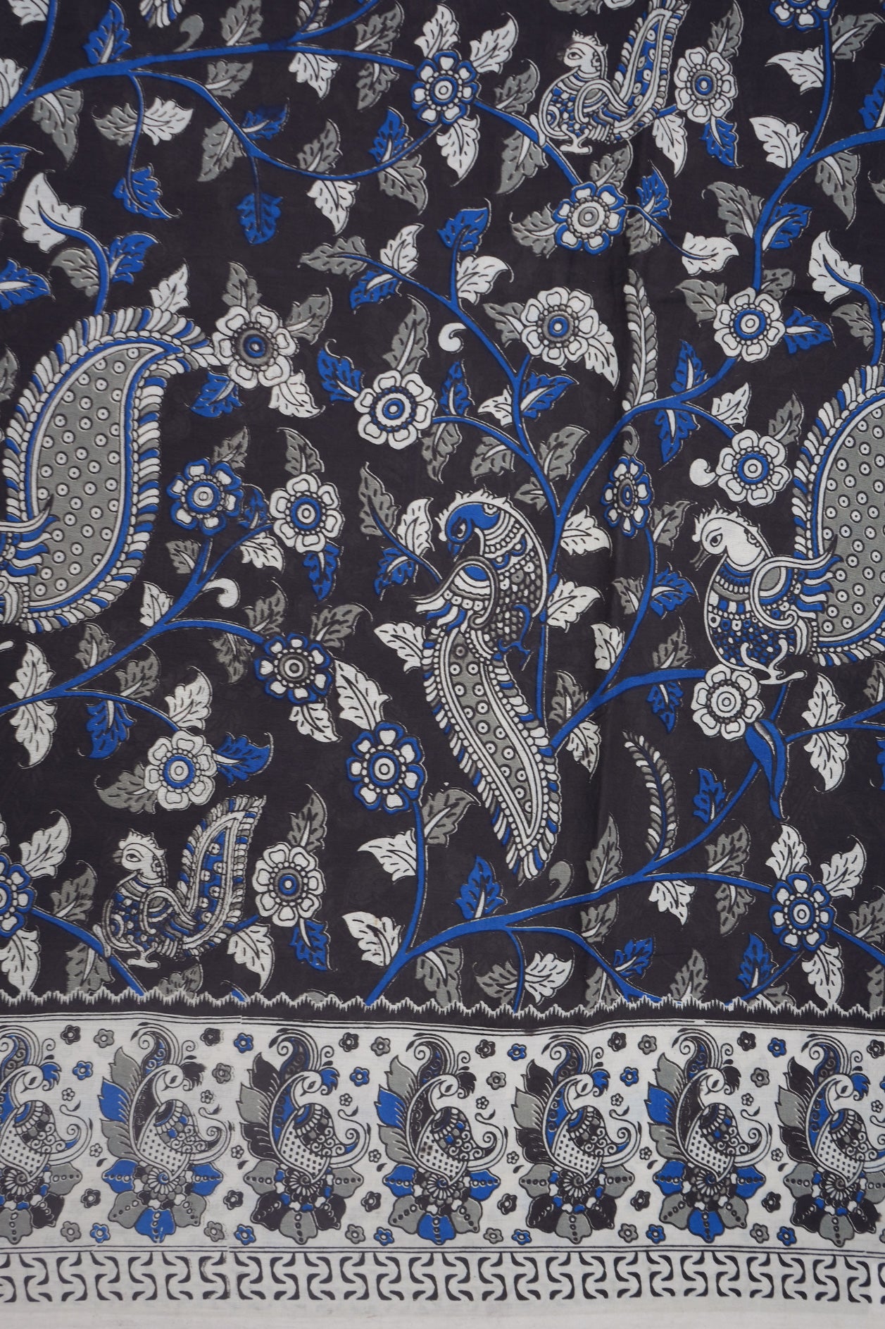 Peacock Design Black Printed Kalamkari Cotton Saree