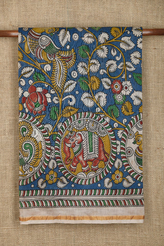 Floral And Peacock Design Kalamkari Printed Aegean Blue Chanderi Cotton Saree