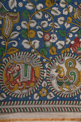 Floral And Peacock Design Kalamkari Printed Aegean Blue Chanderi Cotton Saree