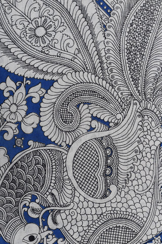 Floral And Peacock Design Kalamkari Printed Blue Cotton Saree