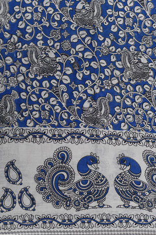 Floral And Peacock Design Kalamkari Printed Blue Cotton Saree