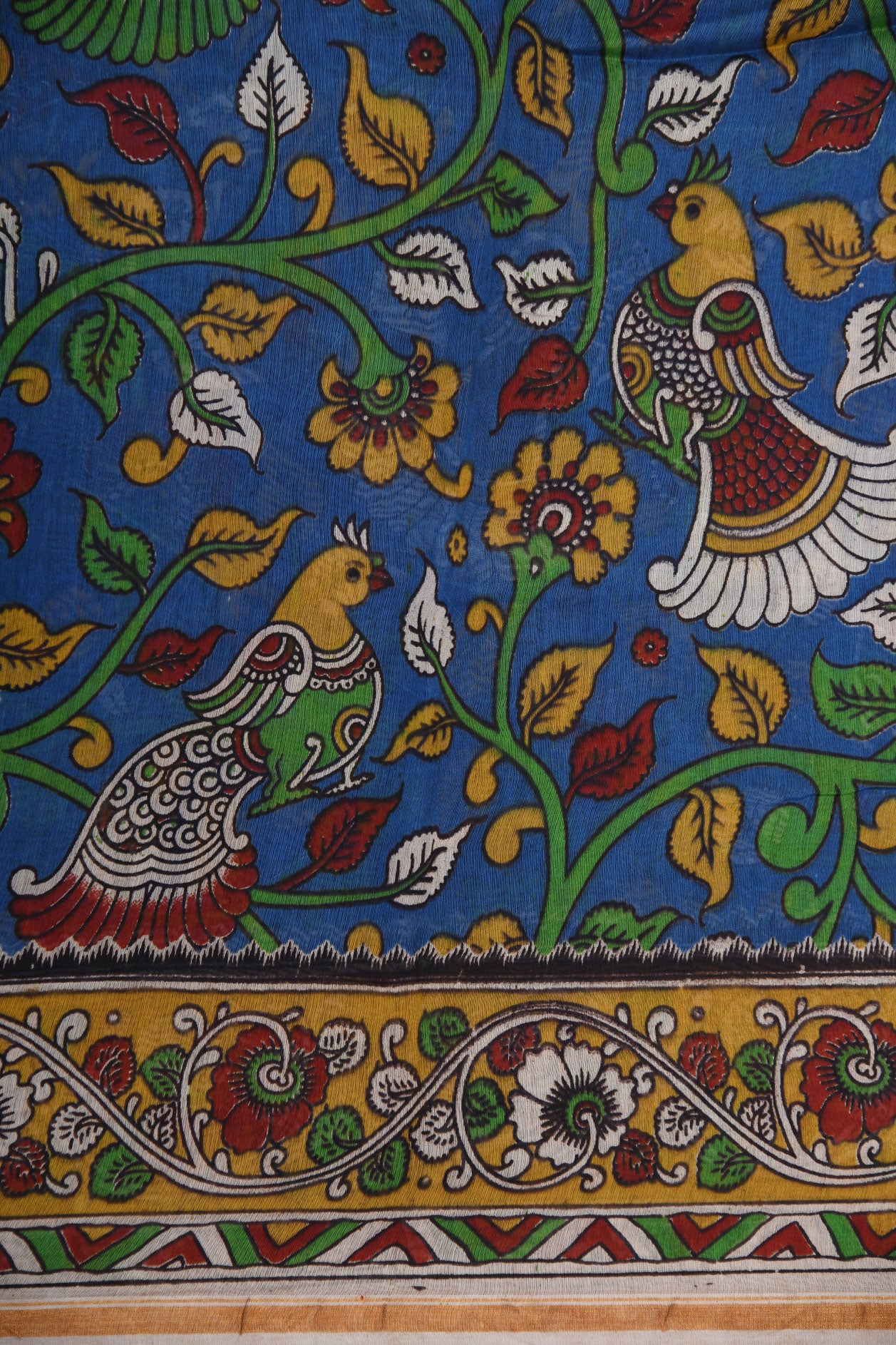 Floral And Parrot Design Kalamkari Printed Blue Chanderi Cotton Saree
