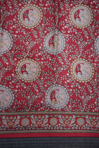 Floral And Peacock Design Rust Red Pashmina Wool Cotton Saree