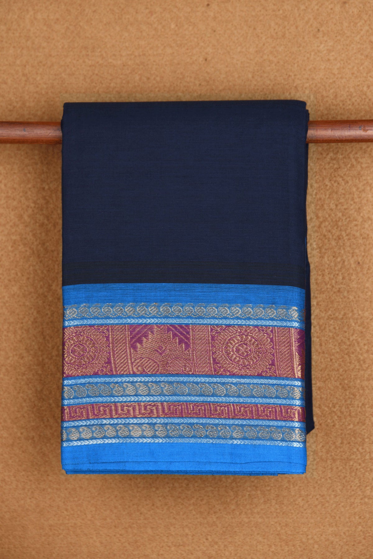 Floral And Temple Border Navy Blue Kanchi Cotton Saree