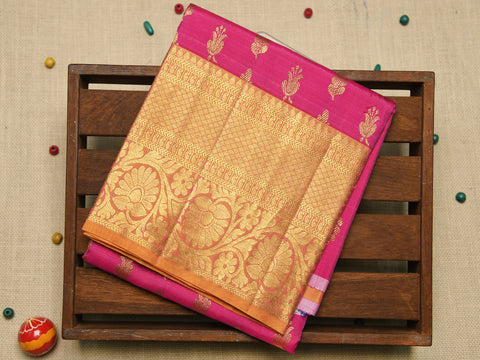 Floral Big Border With Traditional Butta Rani Pink Kanchipuram Silk Unstitched Pavadai Sattai Material