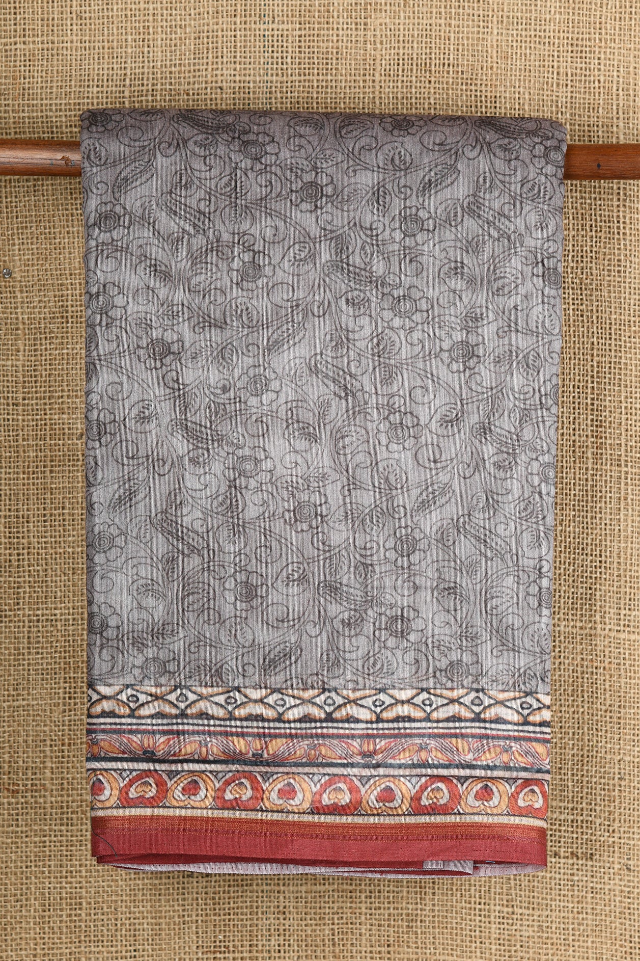 Floral Border In Allover Design Grey Semi Linen Silk Saree